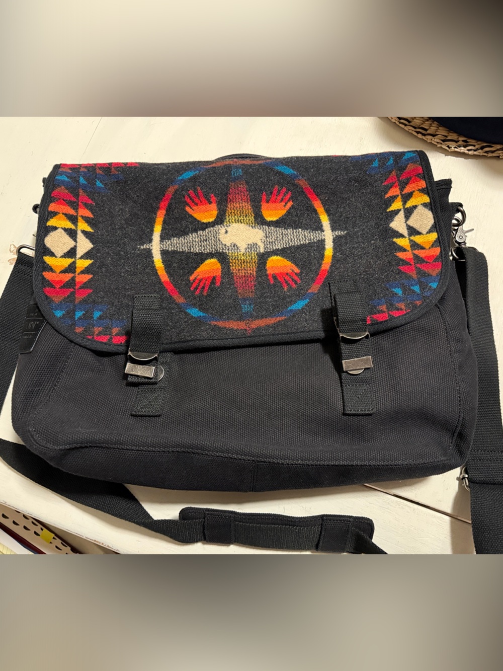 Pendleton Black Canvas Crossbody Messenger Bag with Colorful Native Art Flap